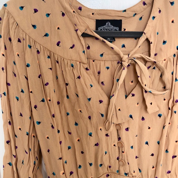 Angie Tie Neck Tan Long Sleeve Elastic Waist Dress - Picture 6 of 6